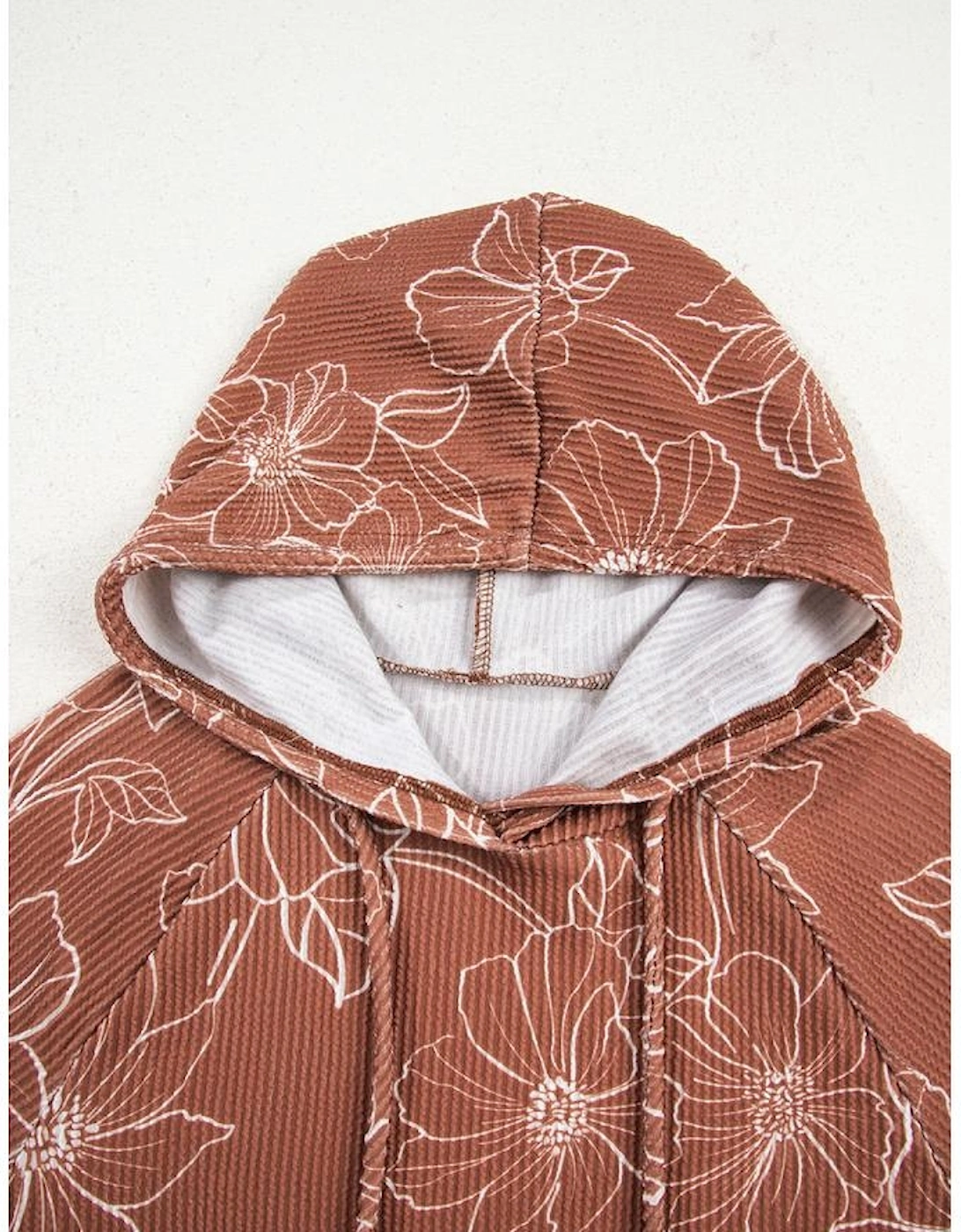 Brown Floral Twisted Rib Drawstring Kangaroo Pocket Hoodie