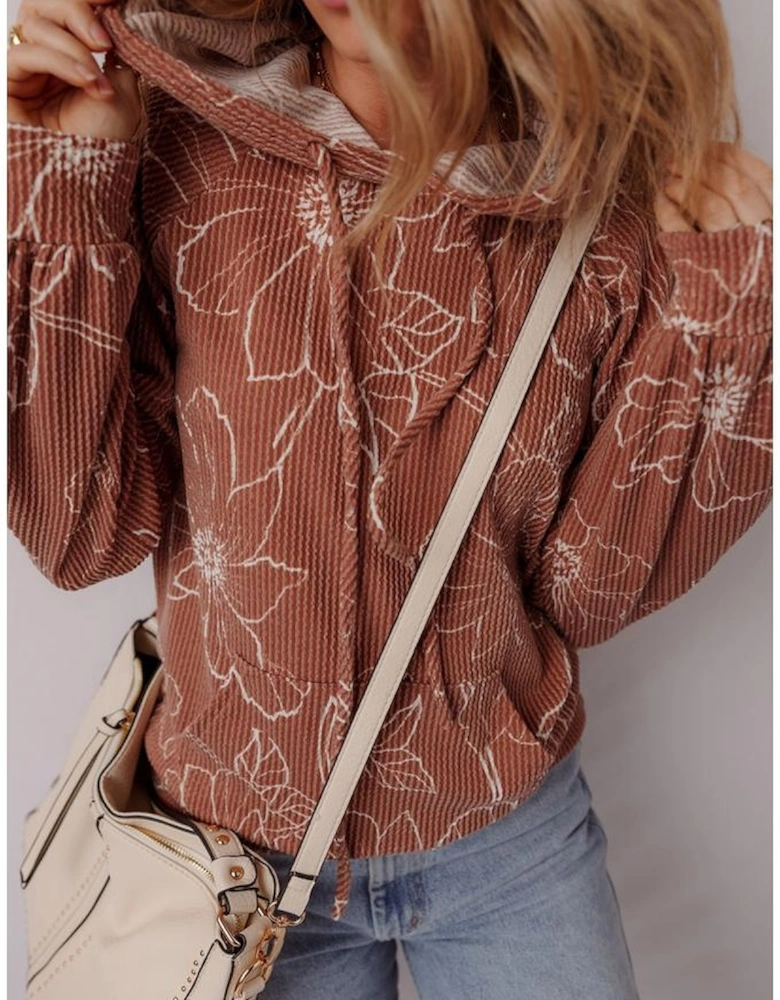 Brown Floral Twisted Rib Drawstring Kangaroo Pocket Hoodie