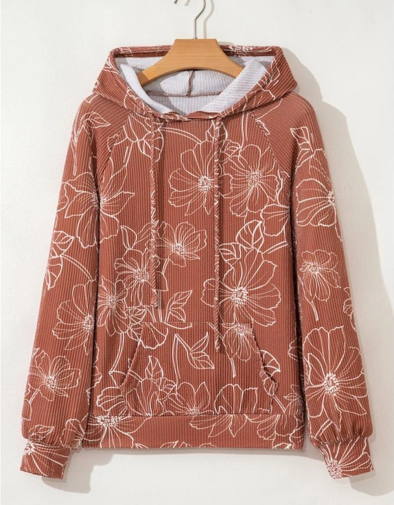 Brown Floral Twisted Rib Drawstring Kangaroo Pocket Hoodie