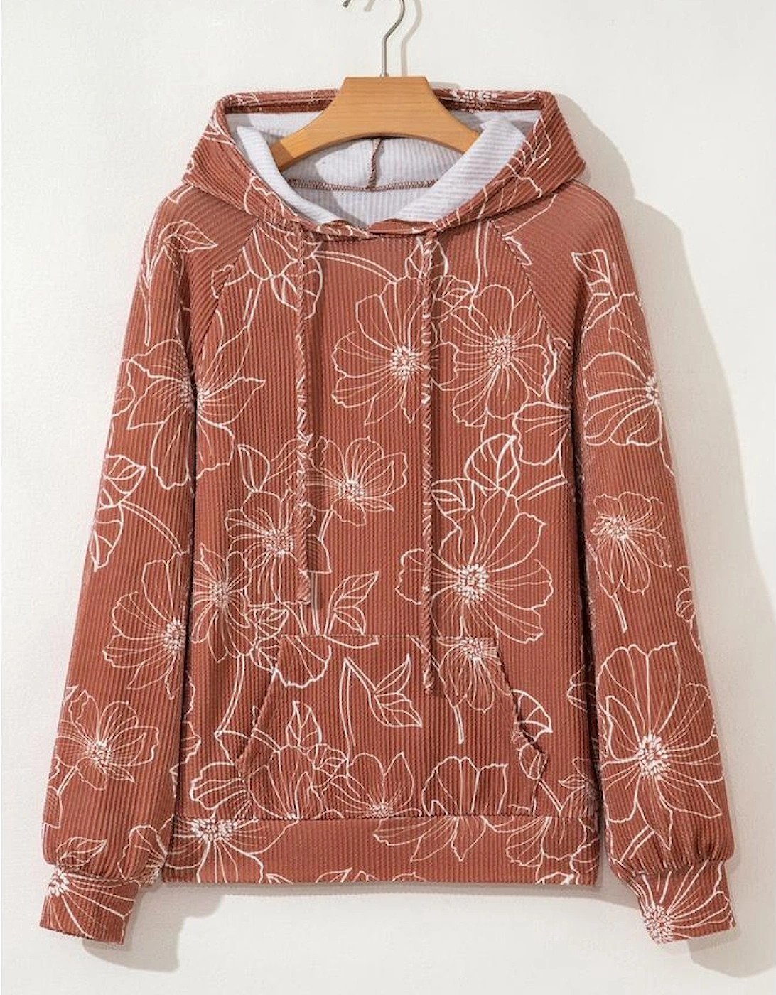 Brown Floral Twisted Rib Drawstring Kangaroo Pocket Hoodie