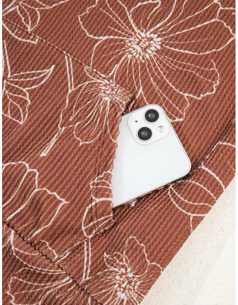 Brown Floral Twisted Rib Drawstring Kangaroo Pocket Hoodie