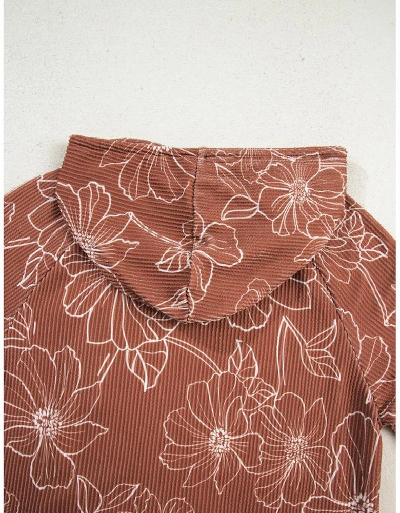 Brown Floral Twisted Rib Drawstring Kangaroo Pocket Hoodie