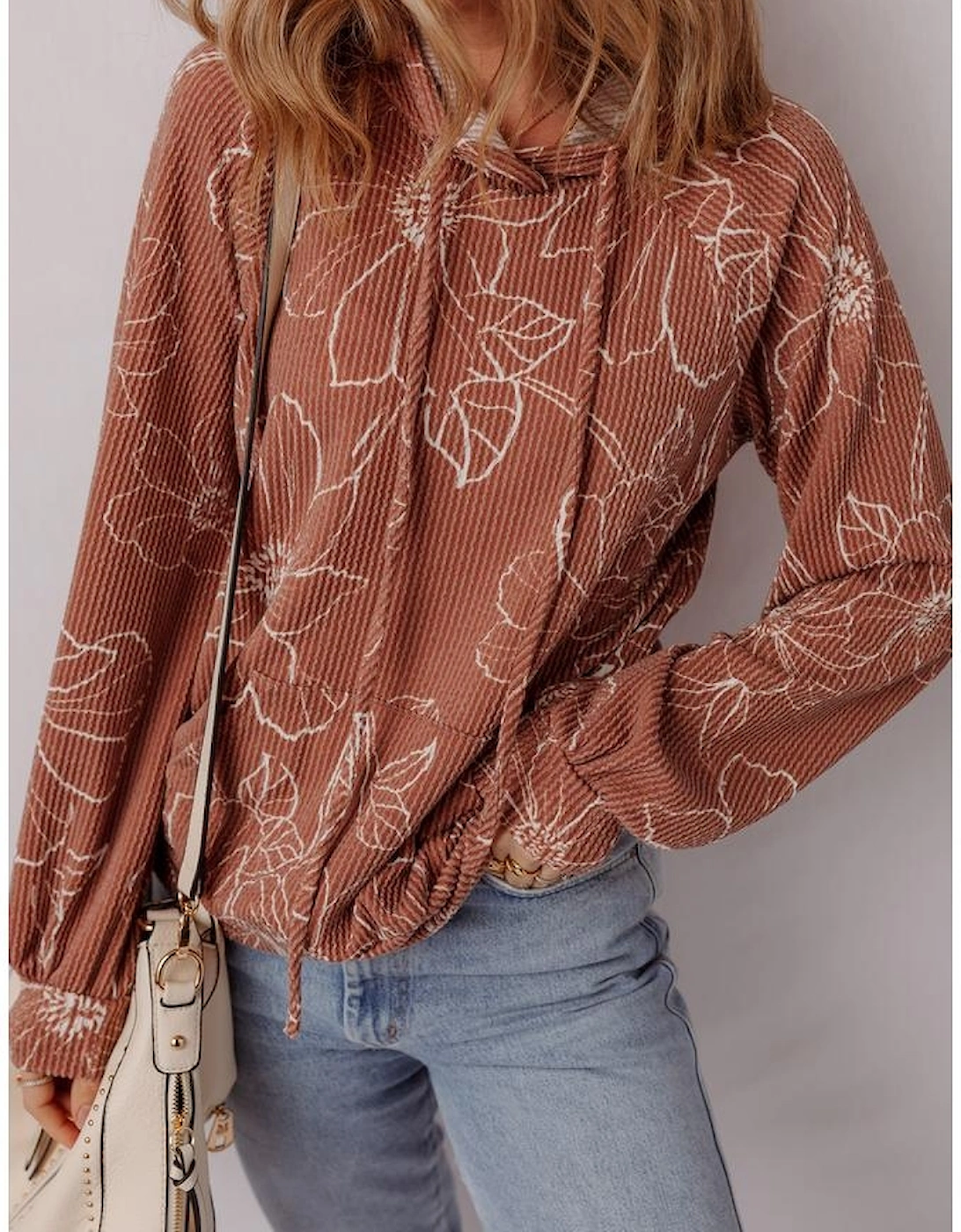 Brown Floral Twisted Rib Drawstring Kangaroo Pocket Hoodie