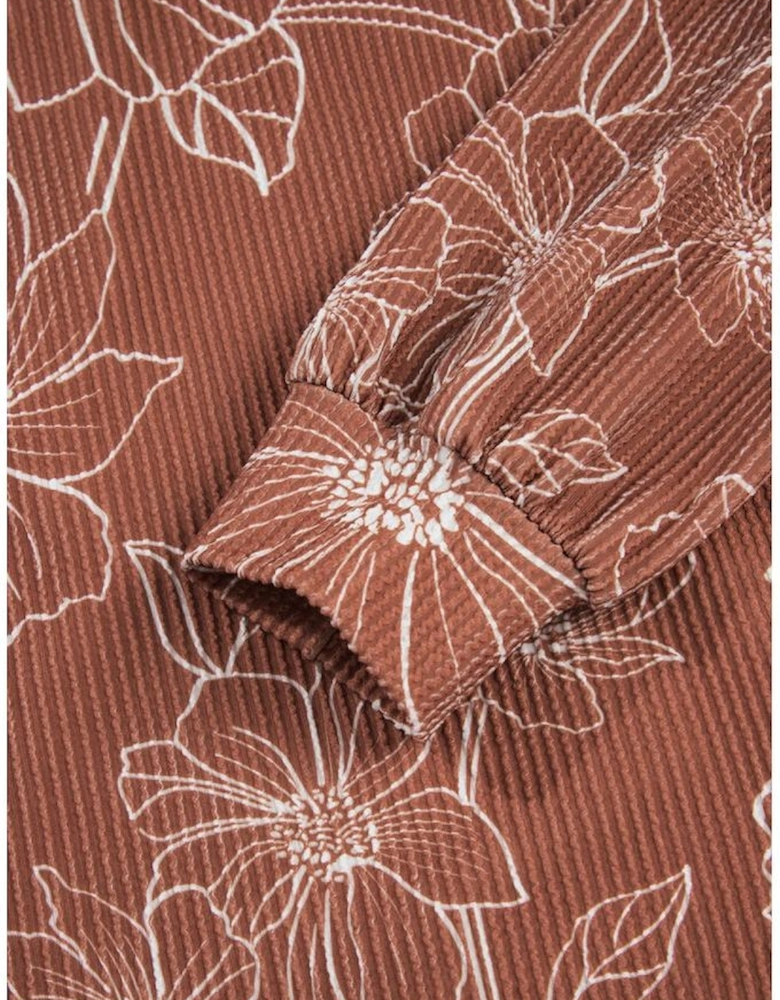 Brown Floral Twisted Rib Drawstring Kangaroo Pocket Hoodie