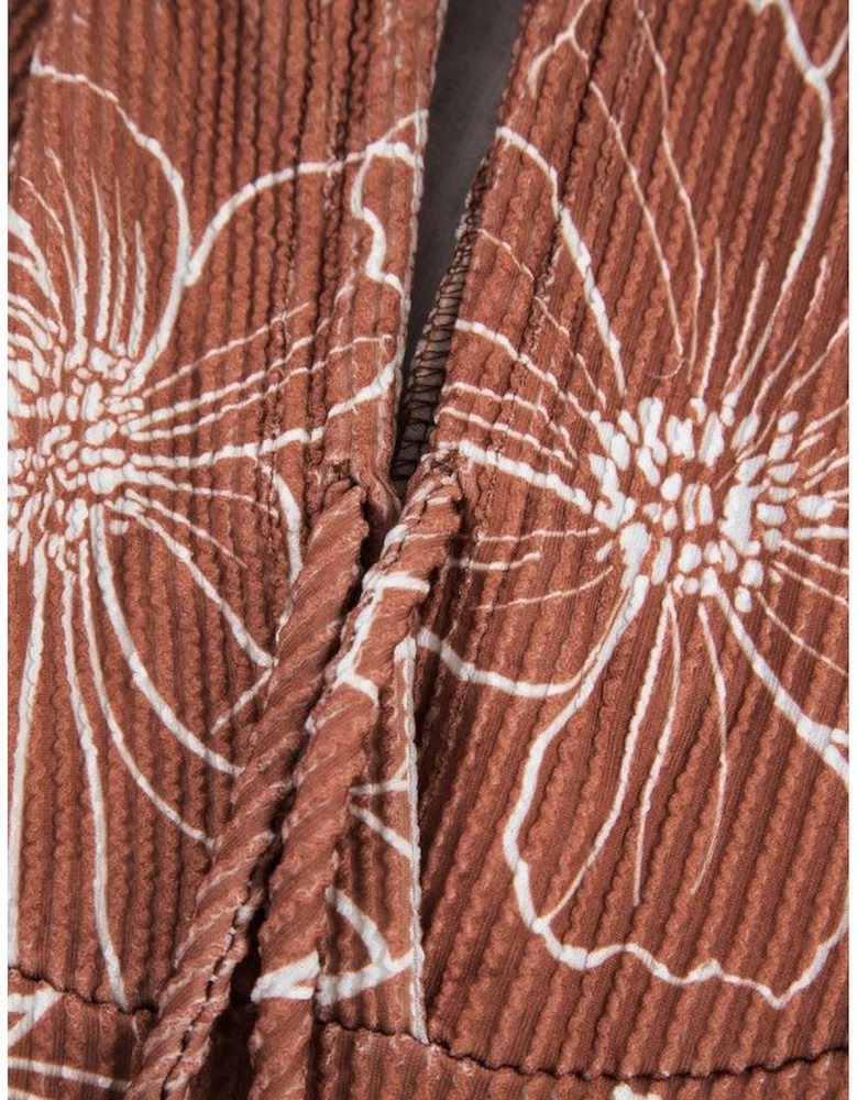 Brown Floral Twisted Rib Drawstring Kangaroo Pocket Hoodie