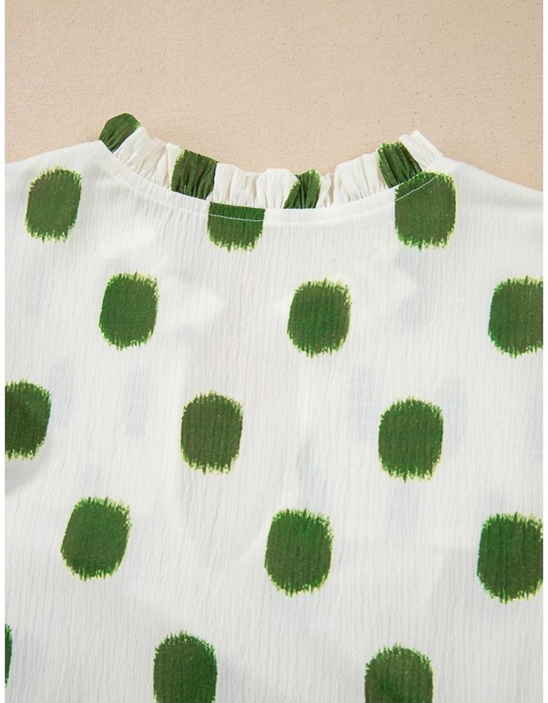 Apricot Polka Dot Print Shirred Yoke Notched Neck Balloon Sleeve Blouse