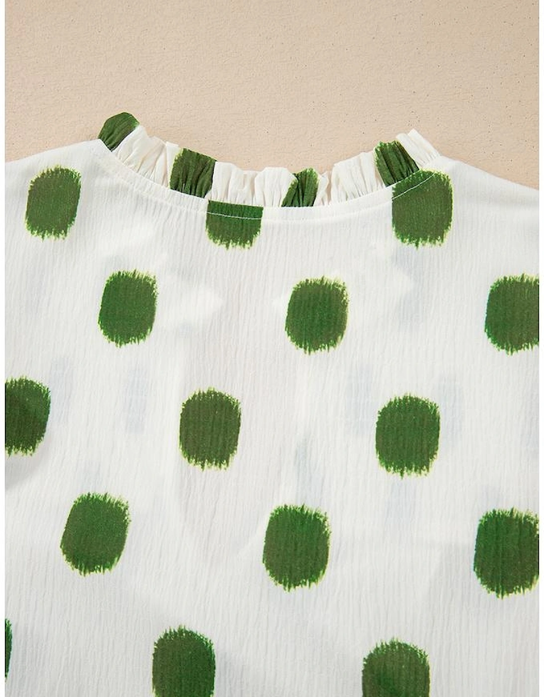 Apricot Polka Dot Print Shirred Yoke Notched Neck Balloon Sleeve Blouse