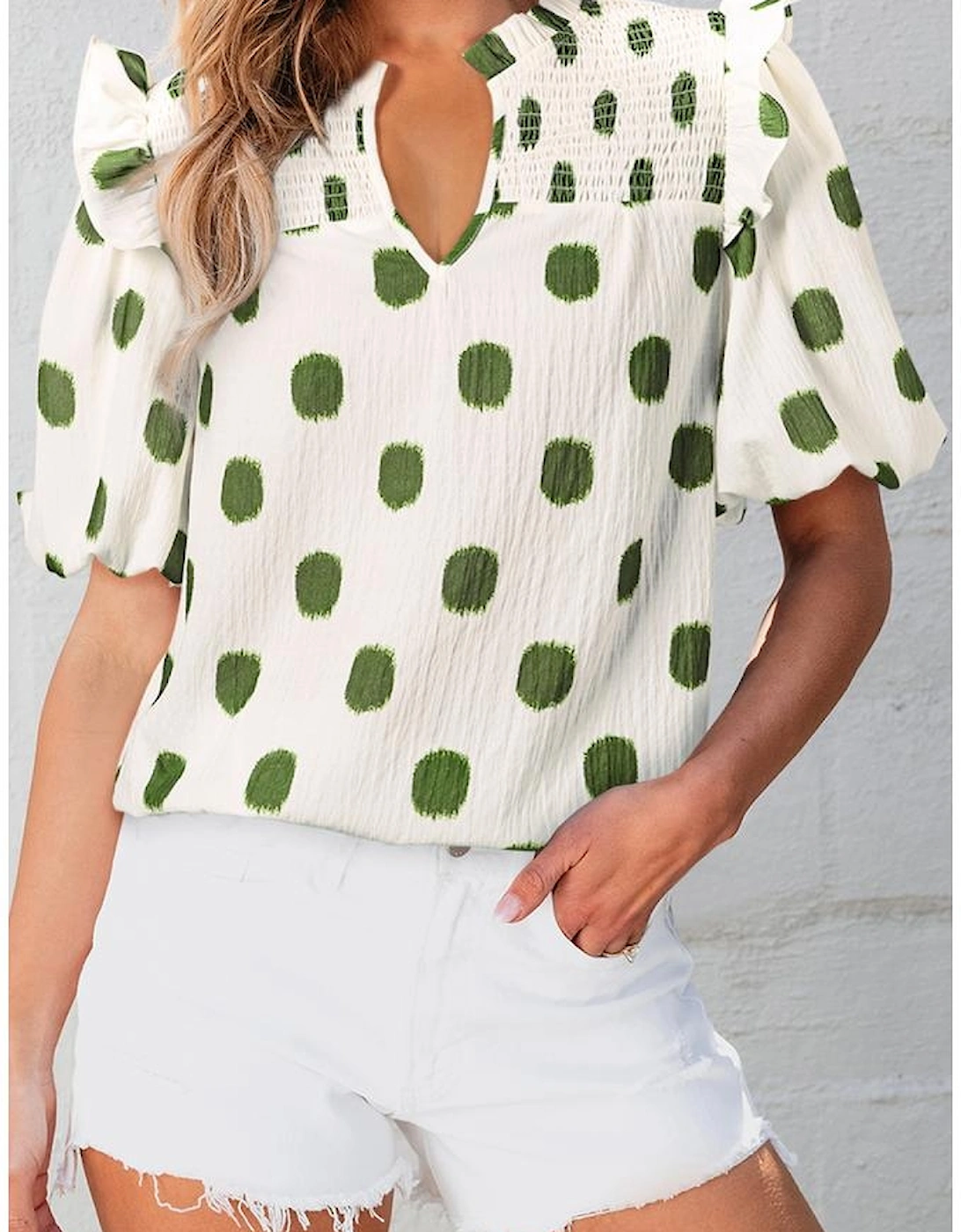 Apricot Polka Dot Print Shirred Yoke Notched Neck Balloon Sleeve Blouse