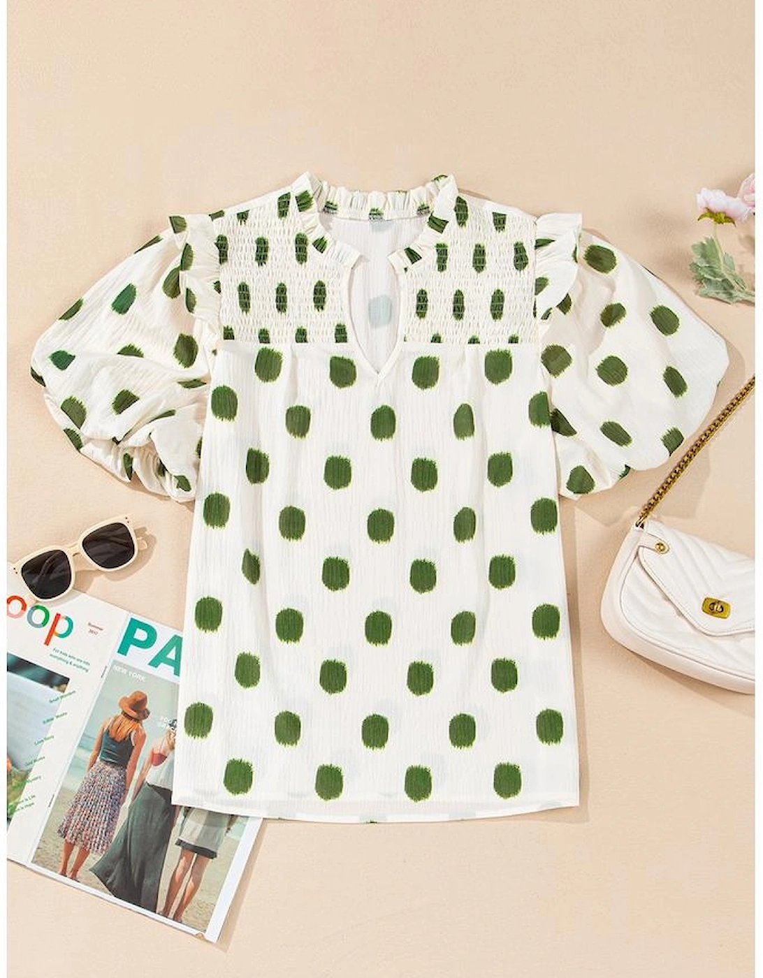 Apricot Polka Dot Print Shirred Yoke Notched Neck Balloon Sleeve Blouse, 9 of 8