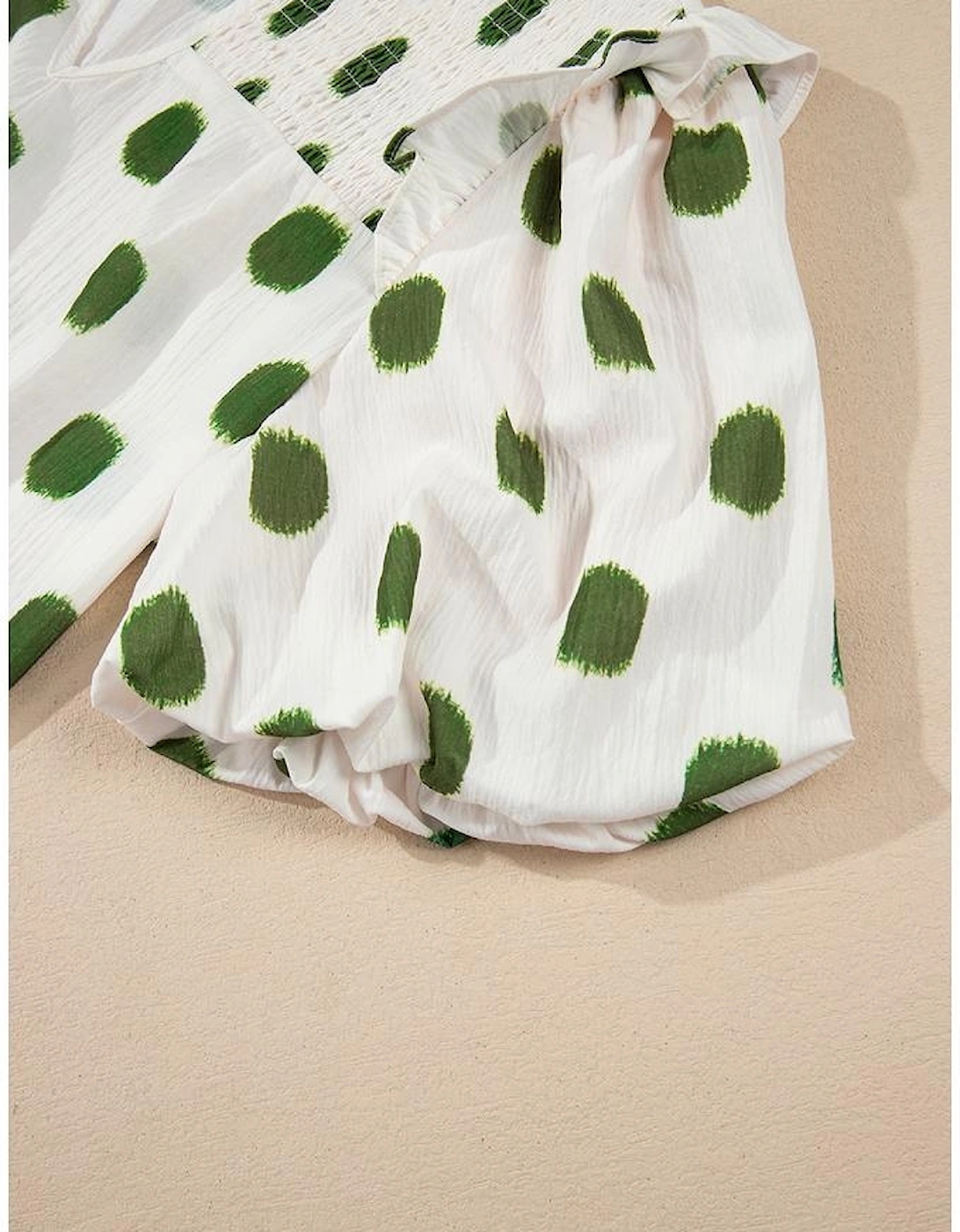 Apricot Polka Dot Print Shirred Yoke Notched Neck Balloon Sleeve Blouse