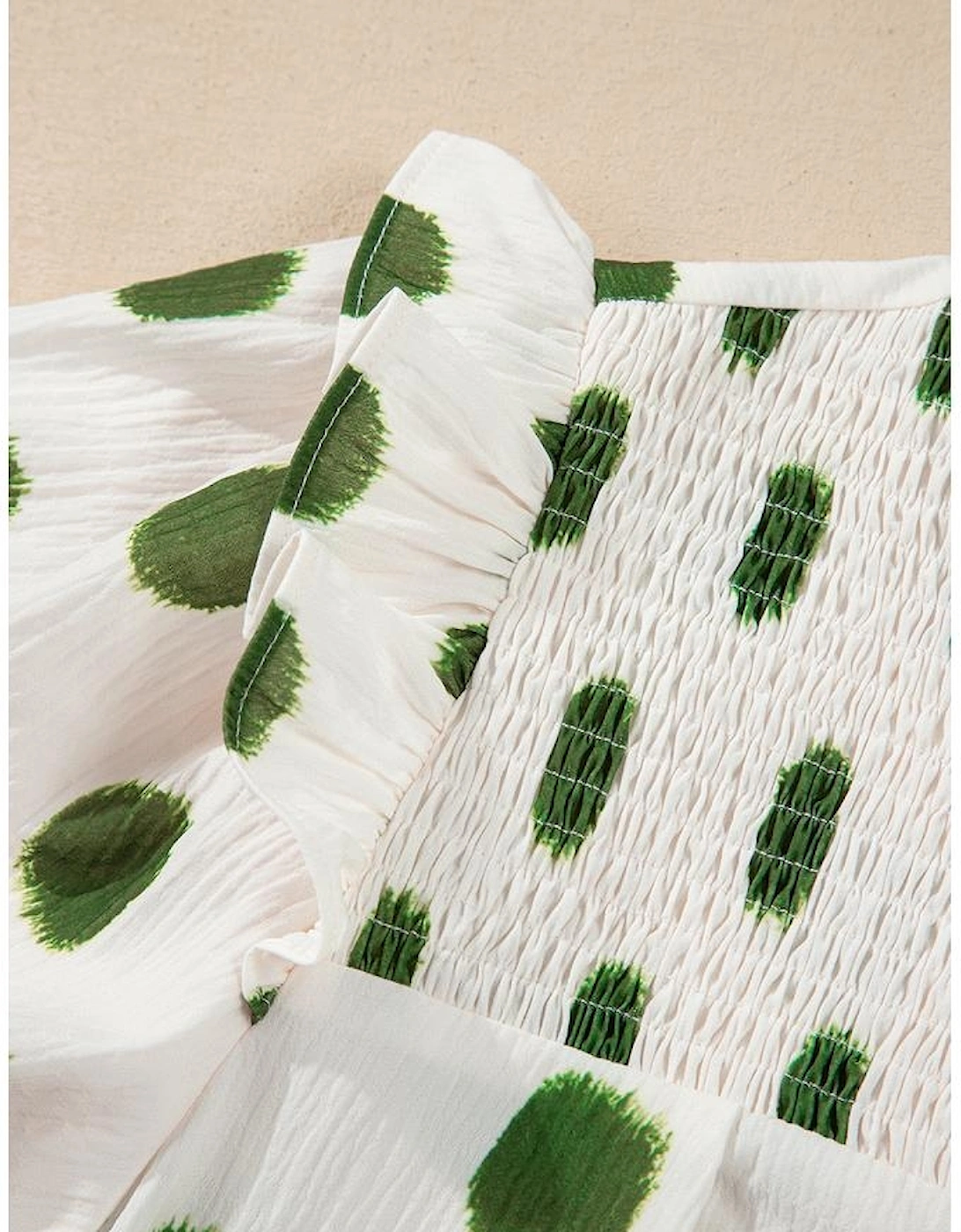 Apricot Polka Dot Print Shirred Yoke Notched Neck Balloon Sleeve Blouse