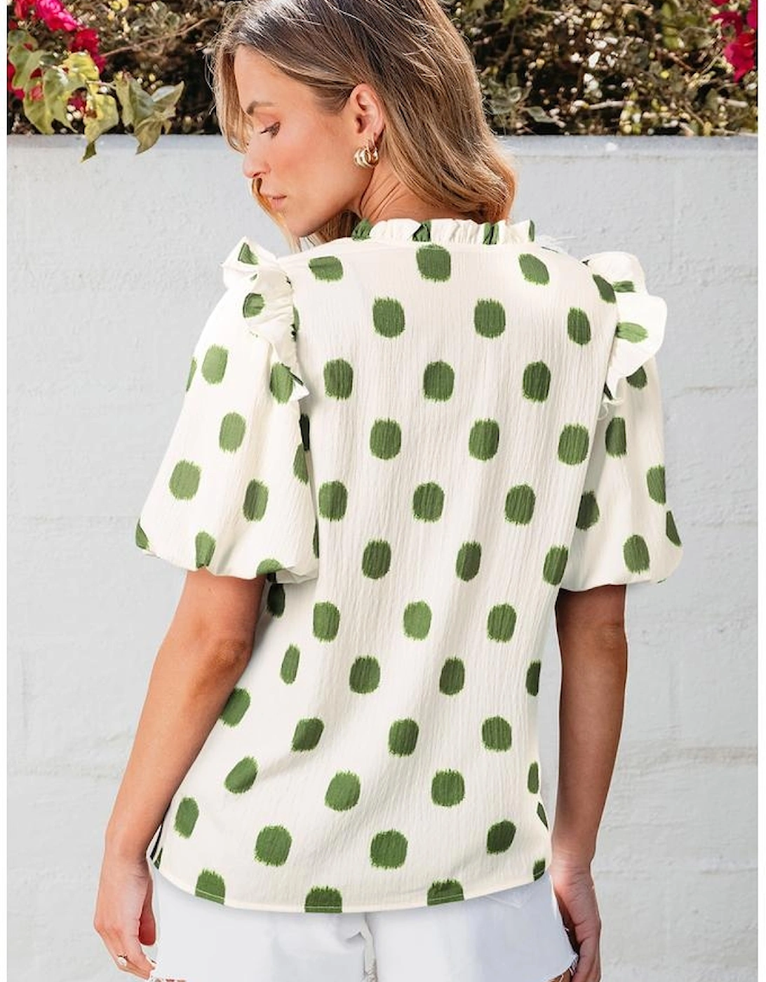 Apricot Polka Dot Print Shirred Yoke Notched Neck Balloon Sleeve Blouse