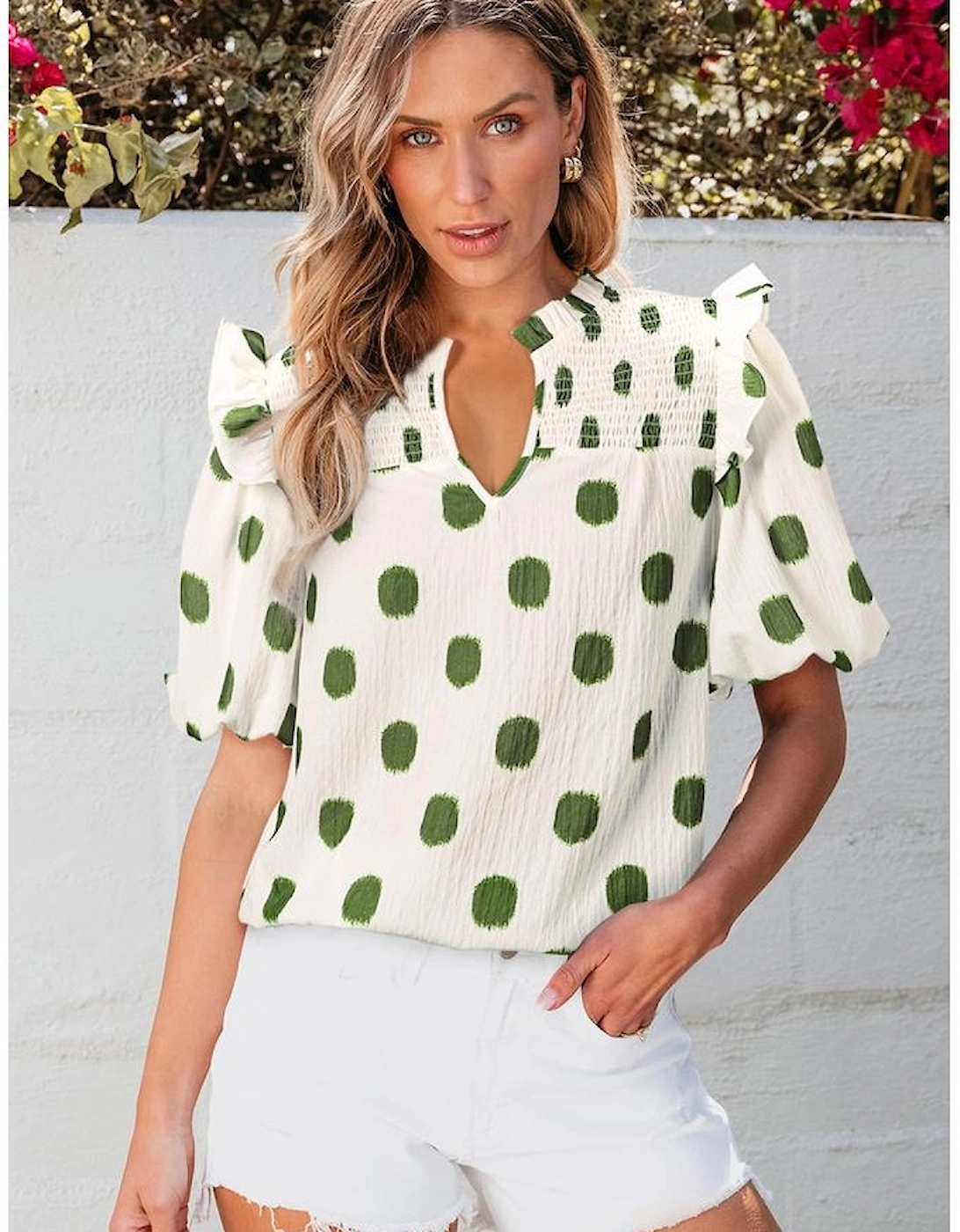 Apricot Polka Dot Print Shirred Yoke Notched Neck Balloon Sleeve Blouse