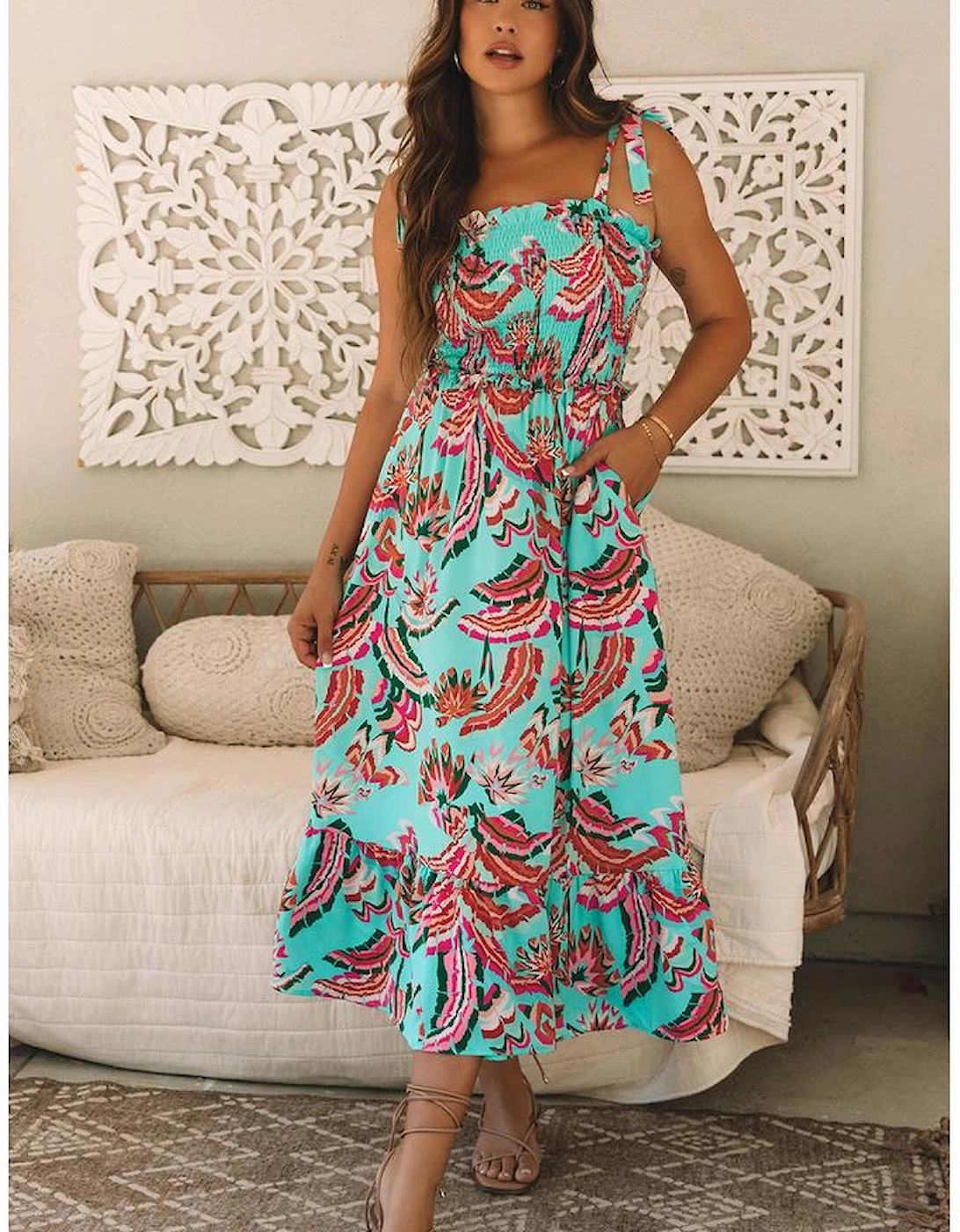 Green Abstract Print Smocked Bodice Knotted Straps Ruffled Maxi Dress, 16 of 15