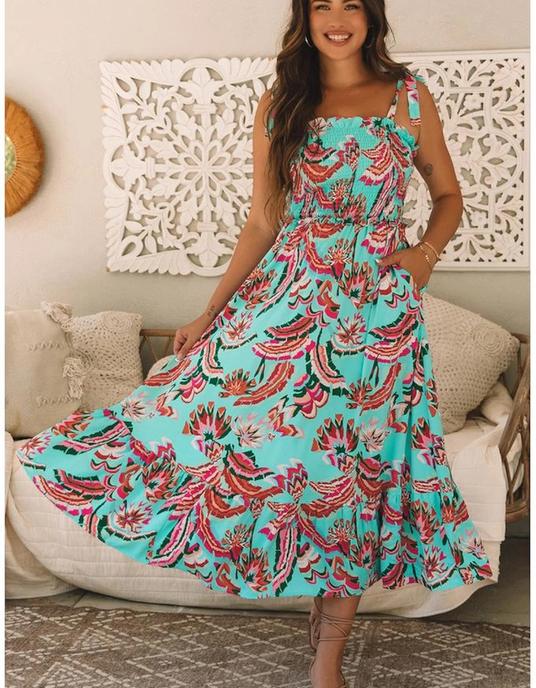 Green Abstract Print Smocked Bodice Knotted Straps Ruffled Maxi Dress