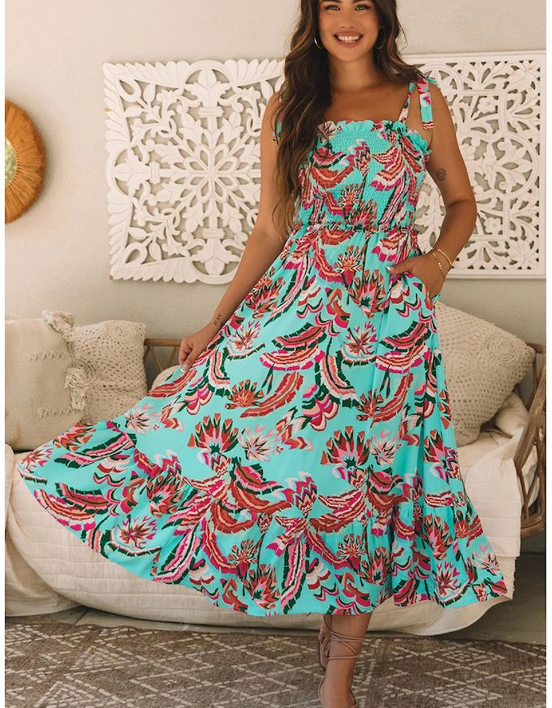 Green Abstract Print Smocked Bodice Knotted Straps Ruffled Maxi Dress