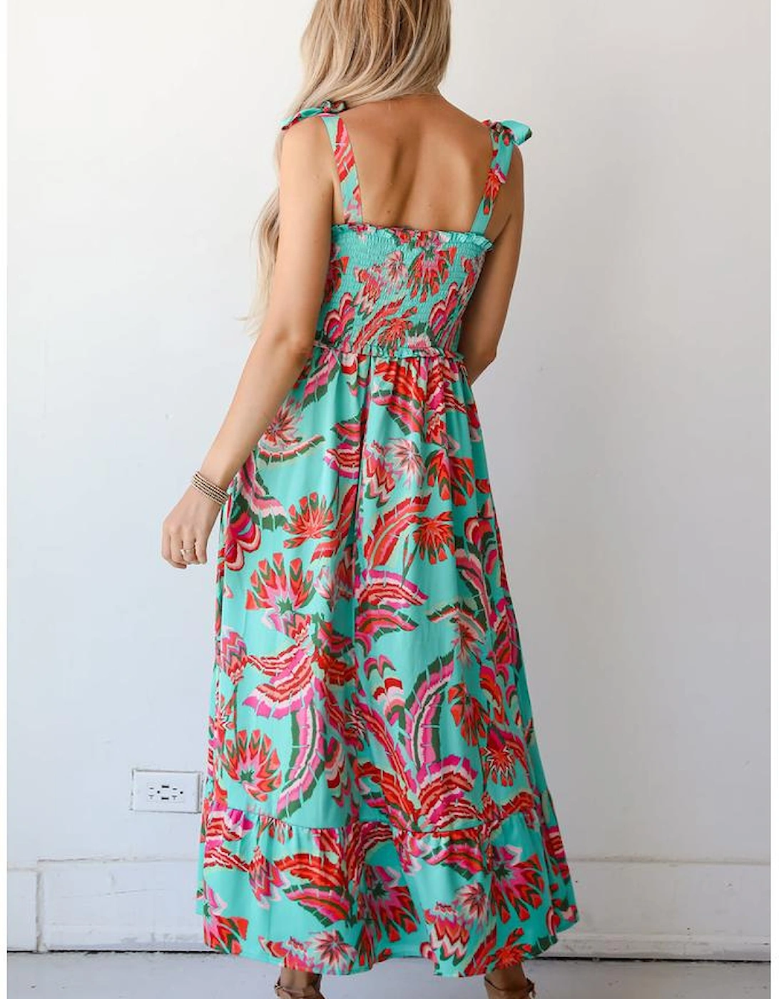 Green Abstract Print Smocked Bodice Knotted Straps Ruffled Maxi Dress