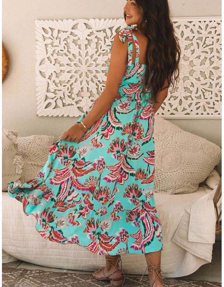 Green Abstract Print Smocked Bodice Knotted Straps Ruffled Maxi Dress