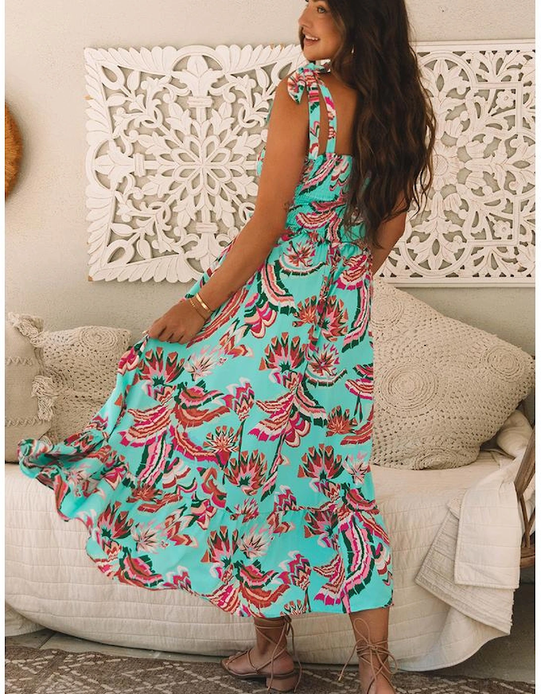 Green Abstract Print Smocked Bodice Knotted Straps Ruffled Maxi Dress