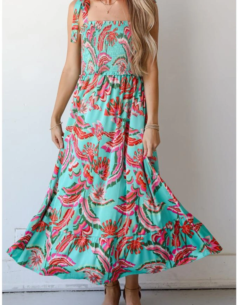 Green Abstract Print Smocked Bodice Knotted Straps Ruffled Maxi Dress