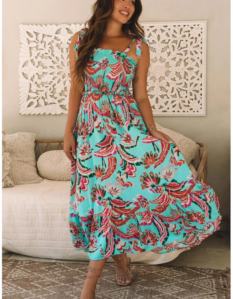 Green Abstract Print Smocked Bodice Knotted Straps Ruffled Maxi Dress