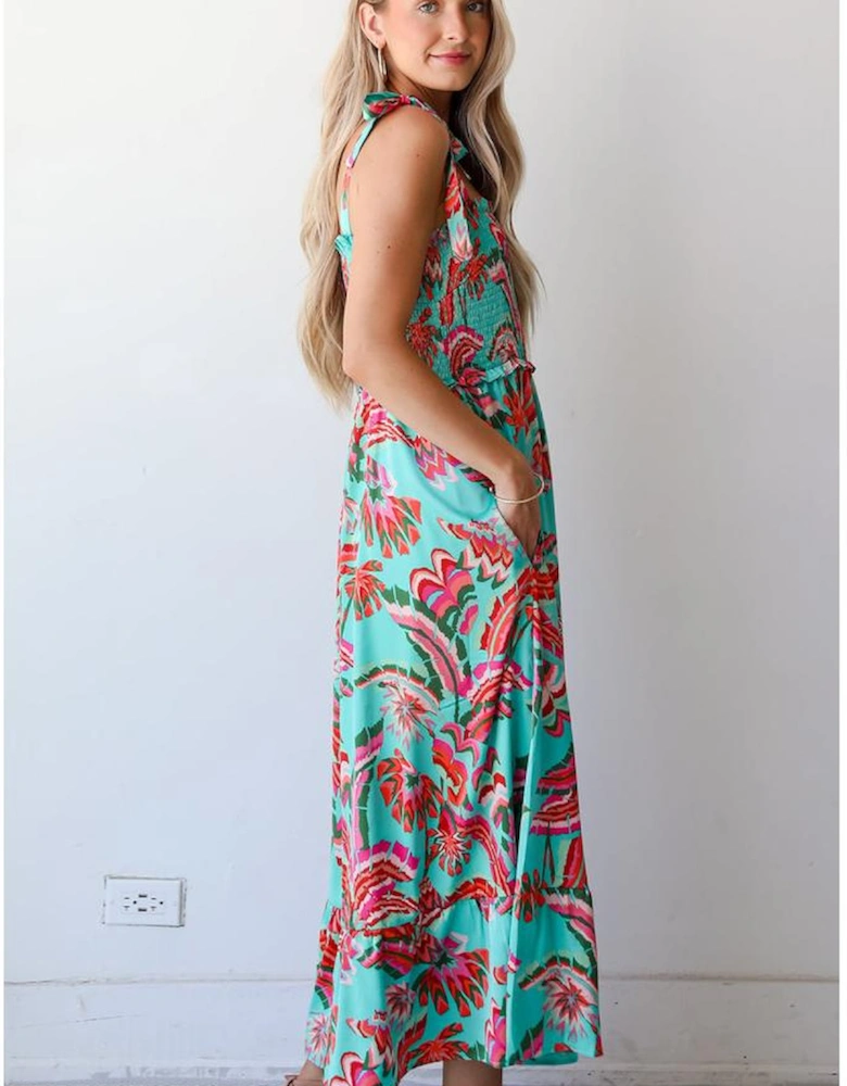 Green Abstract Print Smocked Bodice Knotted Straps Ruffled Maxi Dress