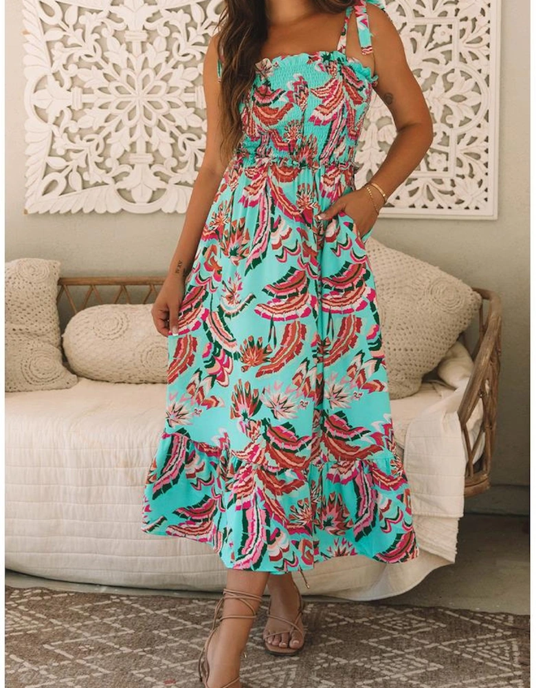 Green Abstract Print Smocked Bodice Knotted Straps Ruffled Maxi Dress