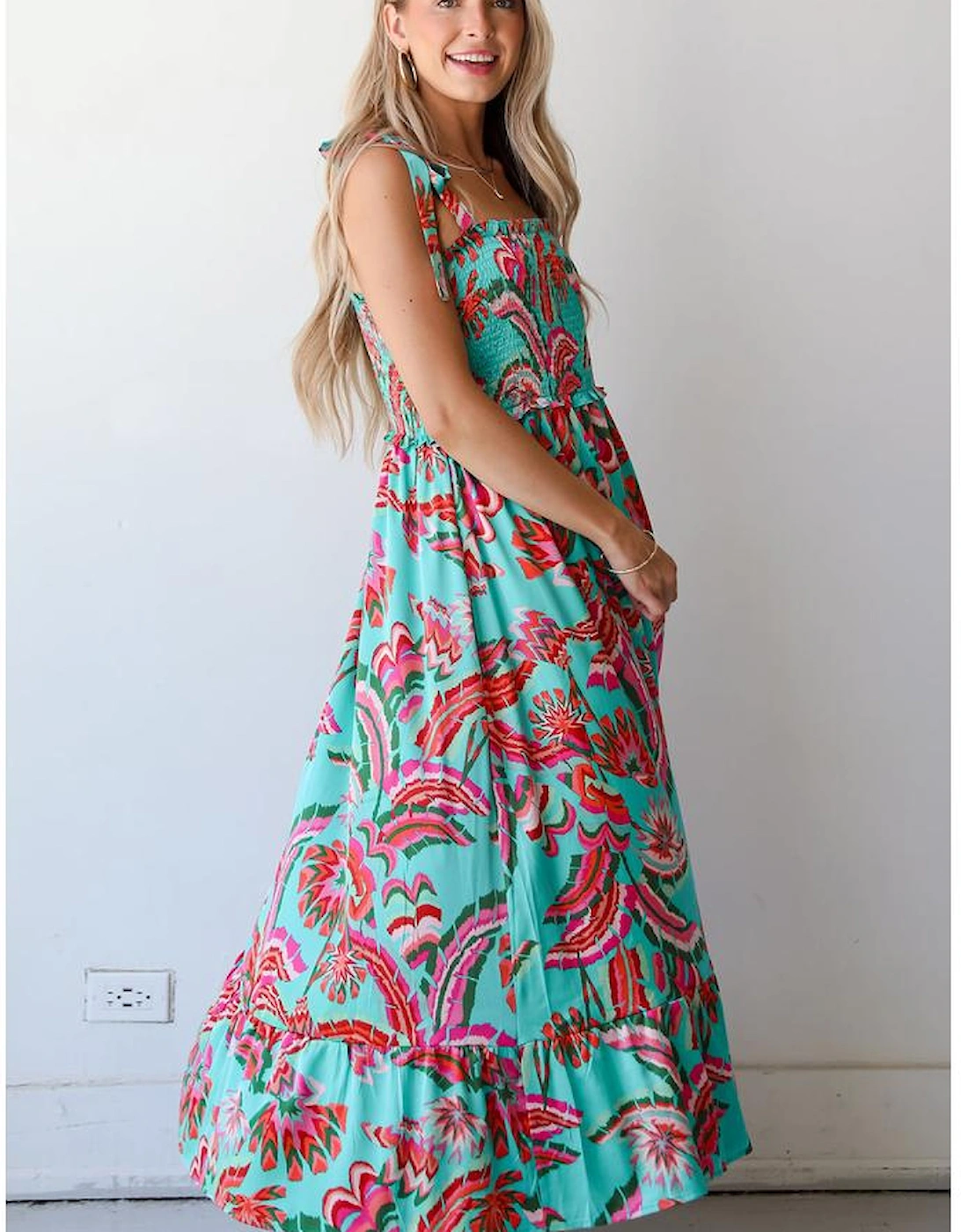 Green Abstract Print Smocked Bodice Knotted Straps Ruffled Maxi Dress