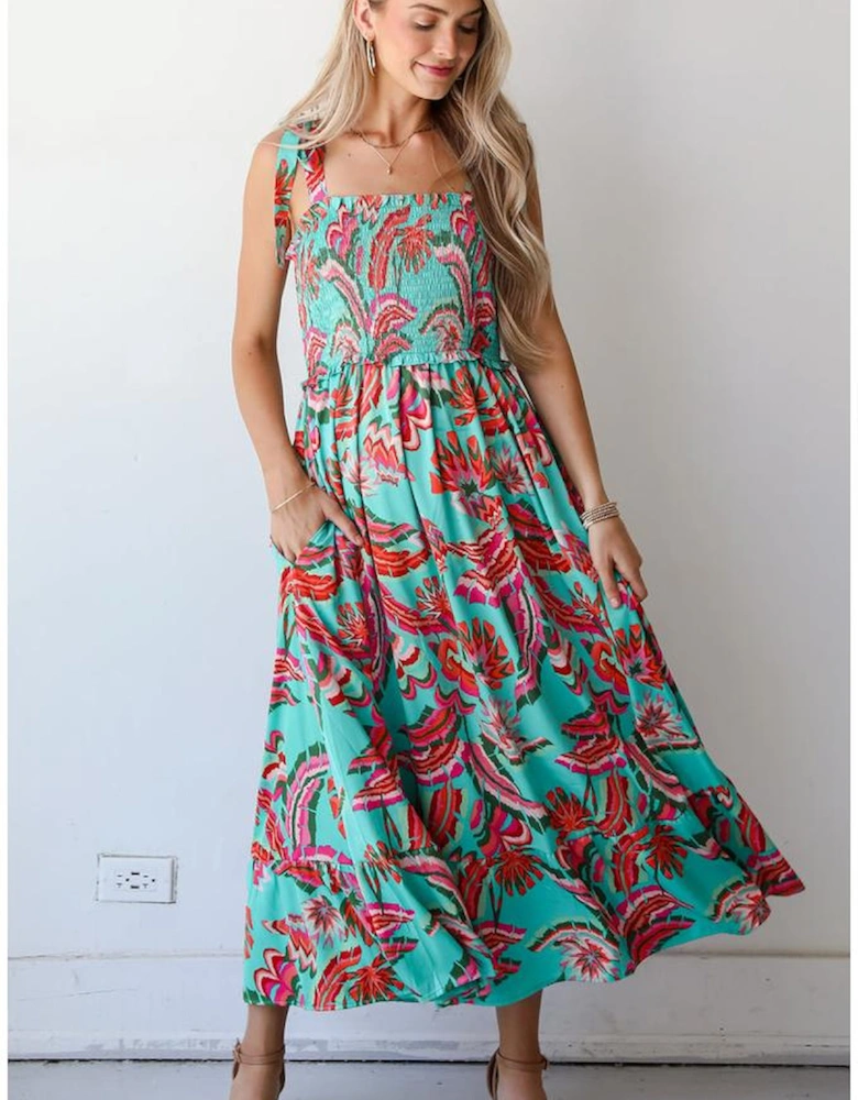 Green Abstract Print Smocked Bodice Knotted Straps Ruffled Maxi Dress