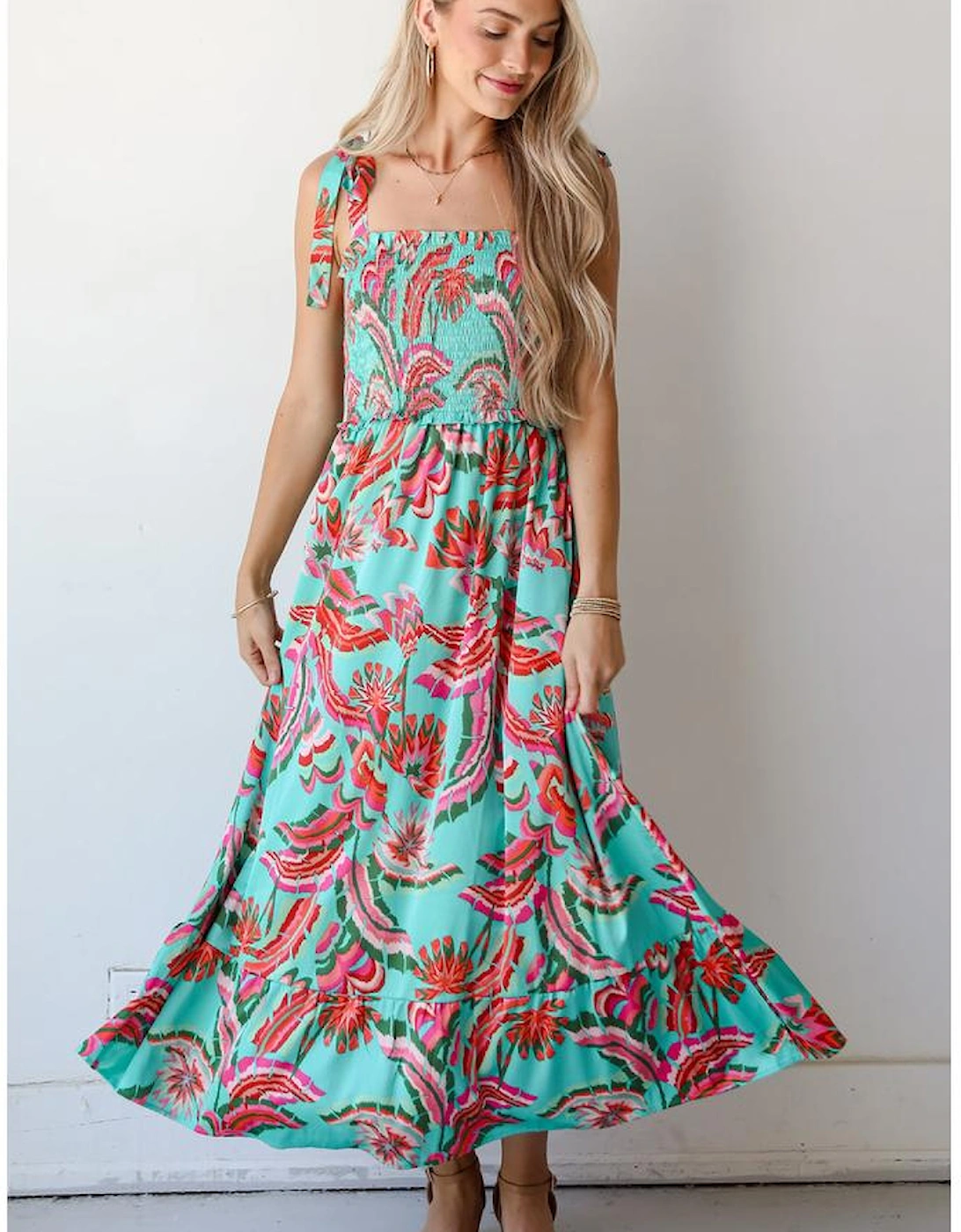 Green Abstract Print Smocked Bodice Knotted Straps Ruffled Maxi Dress