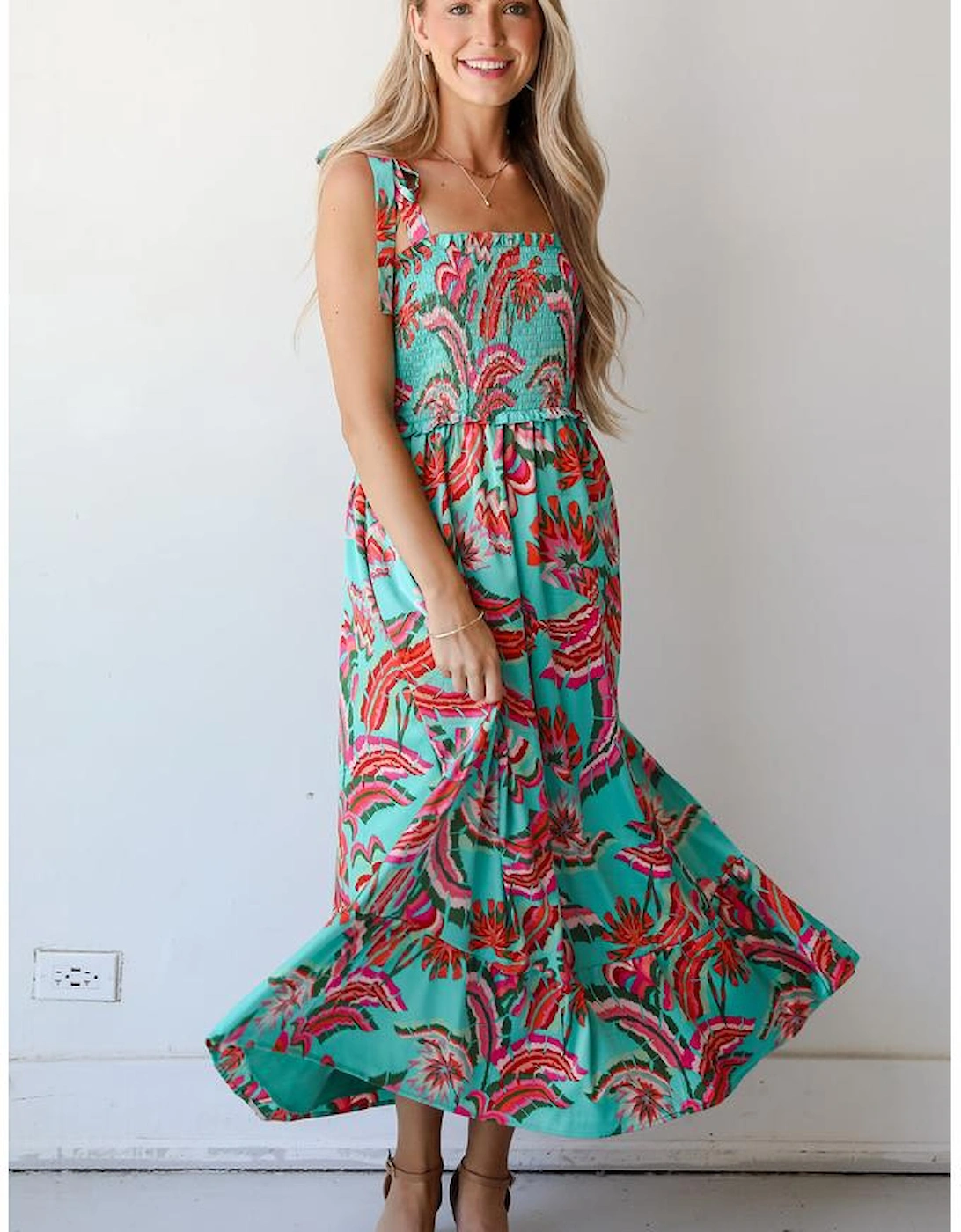 Green Abstract Print Smocked Bodice Knotted Straps Ruffled Maxi Dress