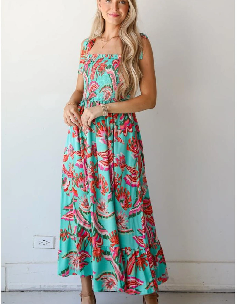 Green Abstract Print Smocked Bodice Knotted Straps Ruffled Maxi Dress