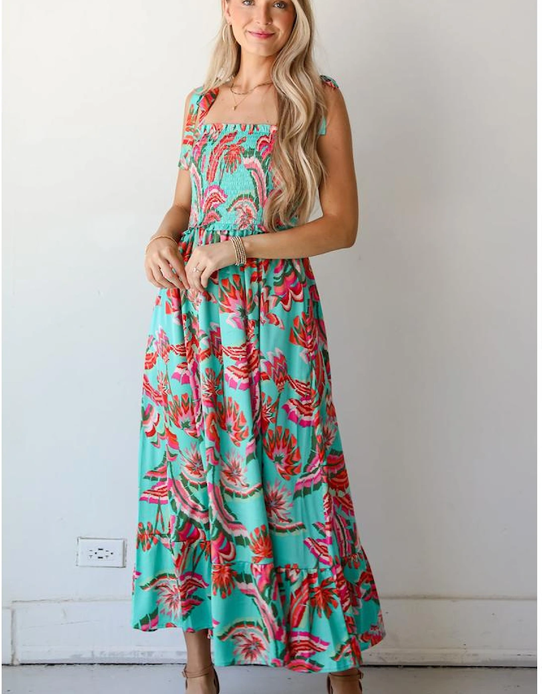 Green Abstract Print Smocked Bodice Knotted Straps Ruffled Maxi Dress