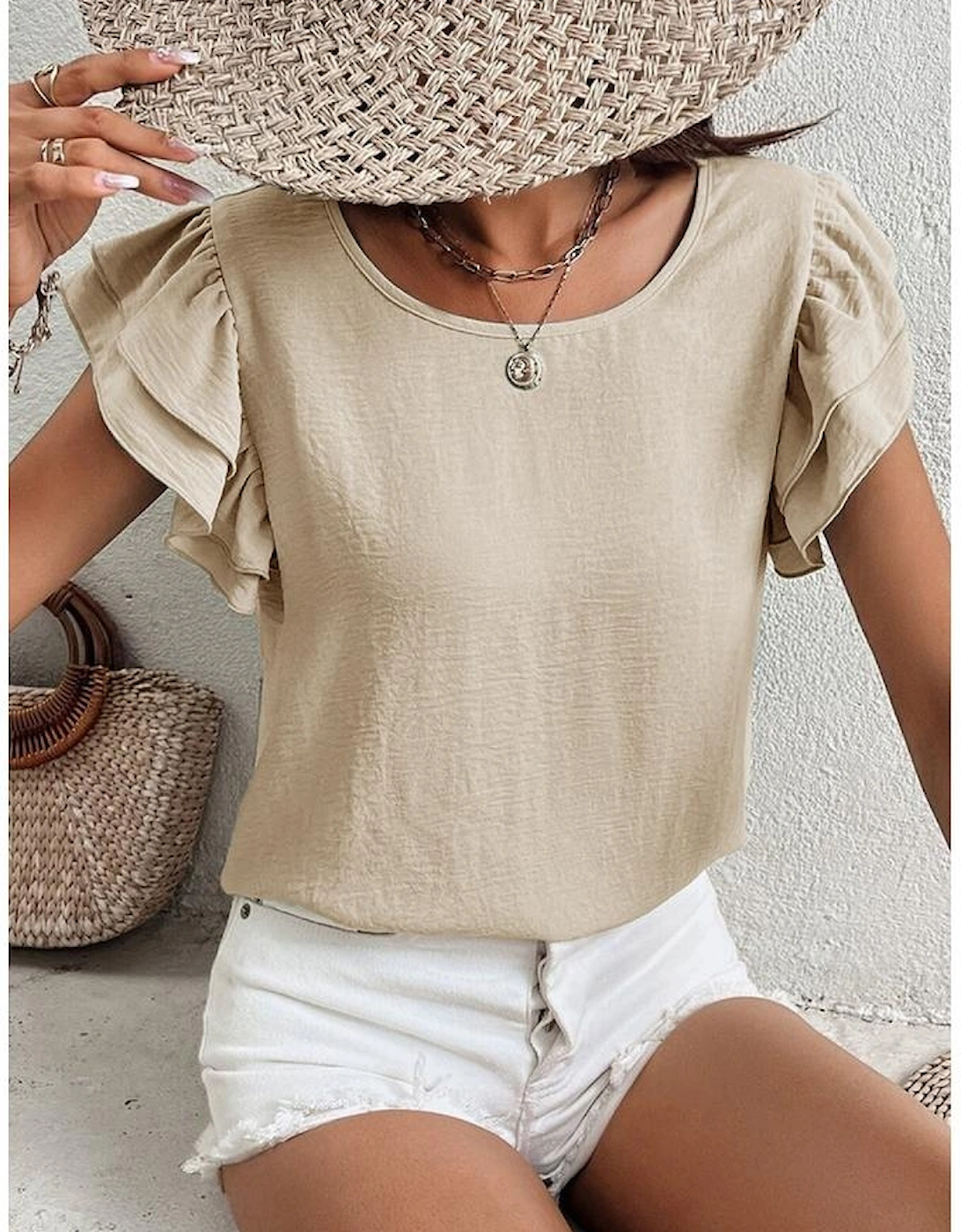 Beige Solid Color Ruffled Short Sleeve Casual Blouse