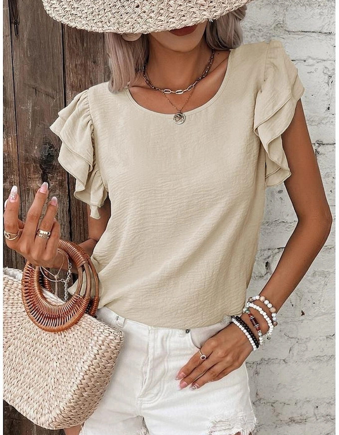 Beige Solid Color Ruffled Short Sleeve Casual Blouse