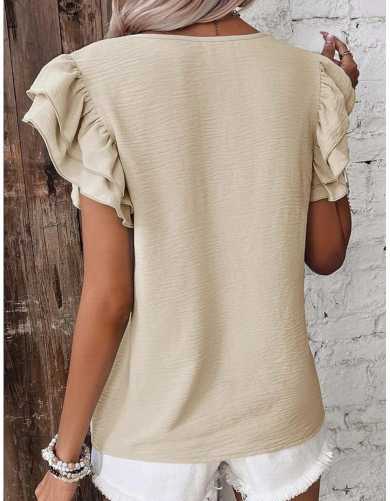 Beige Solid Color Ruffled Short Sleeve Casual Blouse