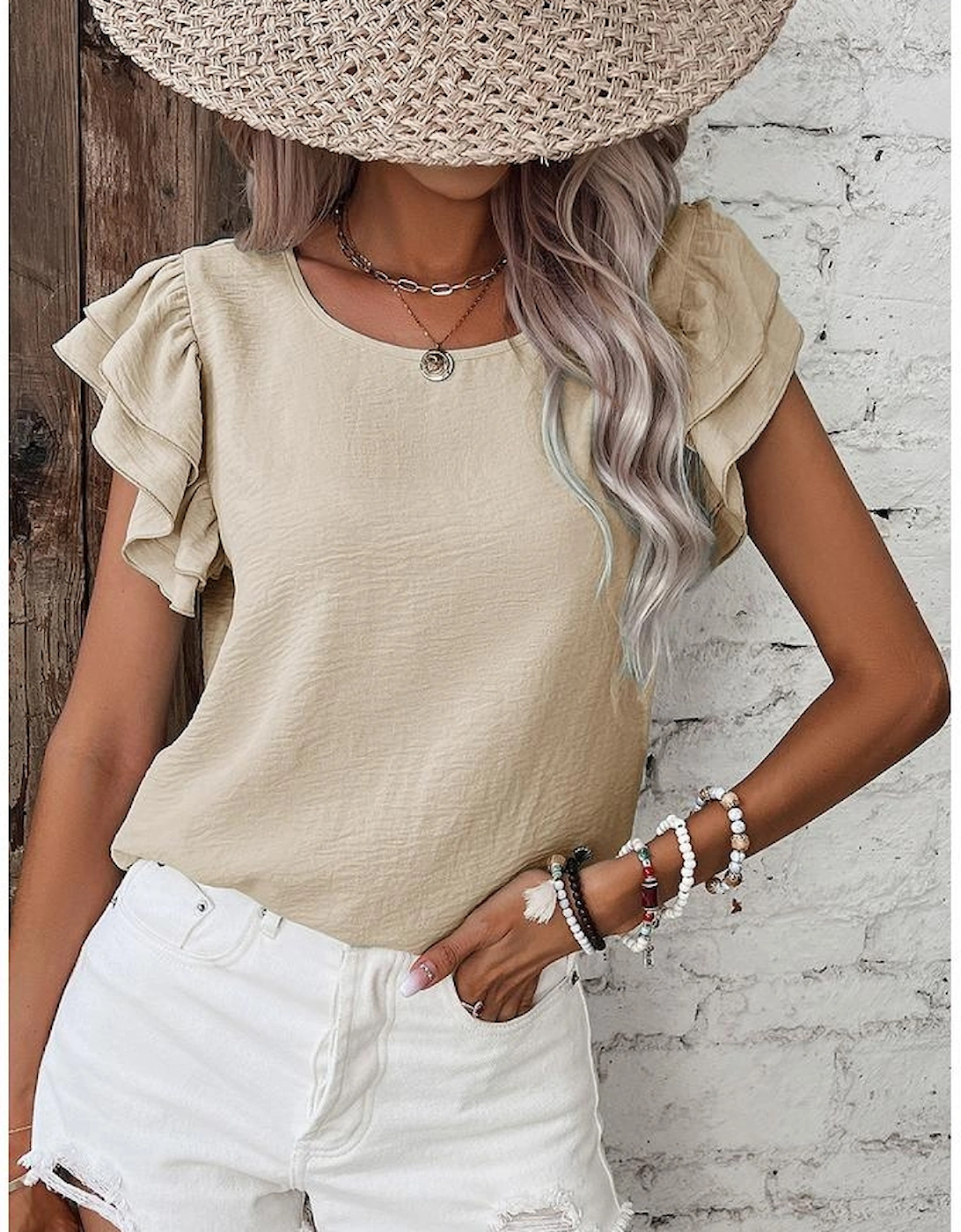 Beige Solid Color Ruffled Short Sleeve Casual Blouse