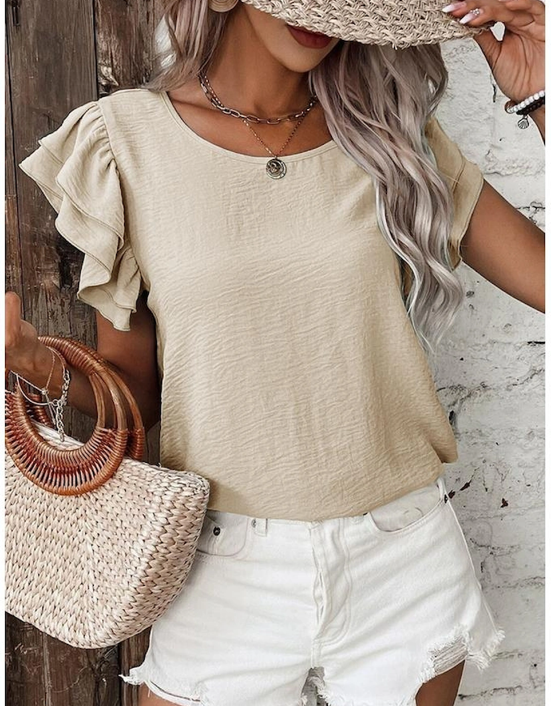 Beige Solid Color Ruffled Short Sleeve Casual Blouse