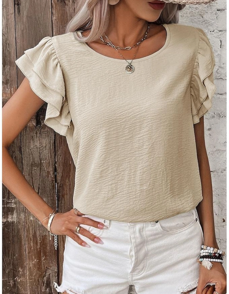 Beige Solid Color Ruffled Short Sleeve Casual Blouse