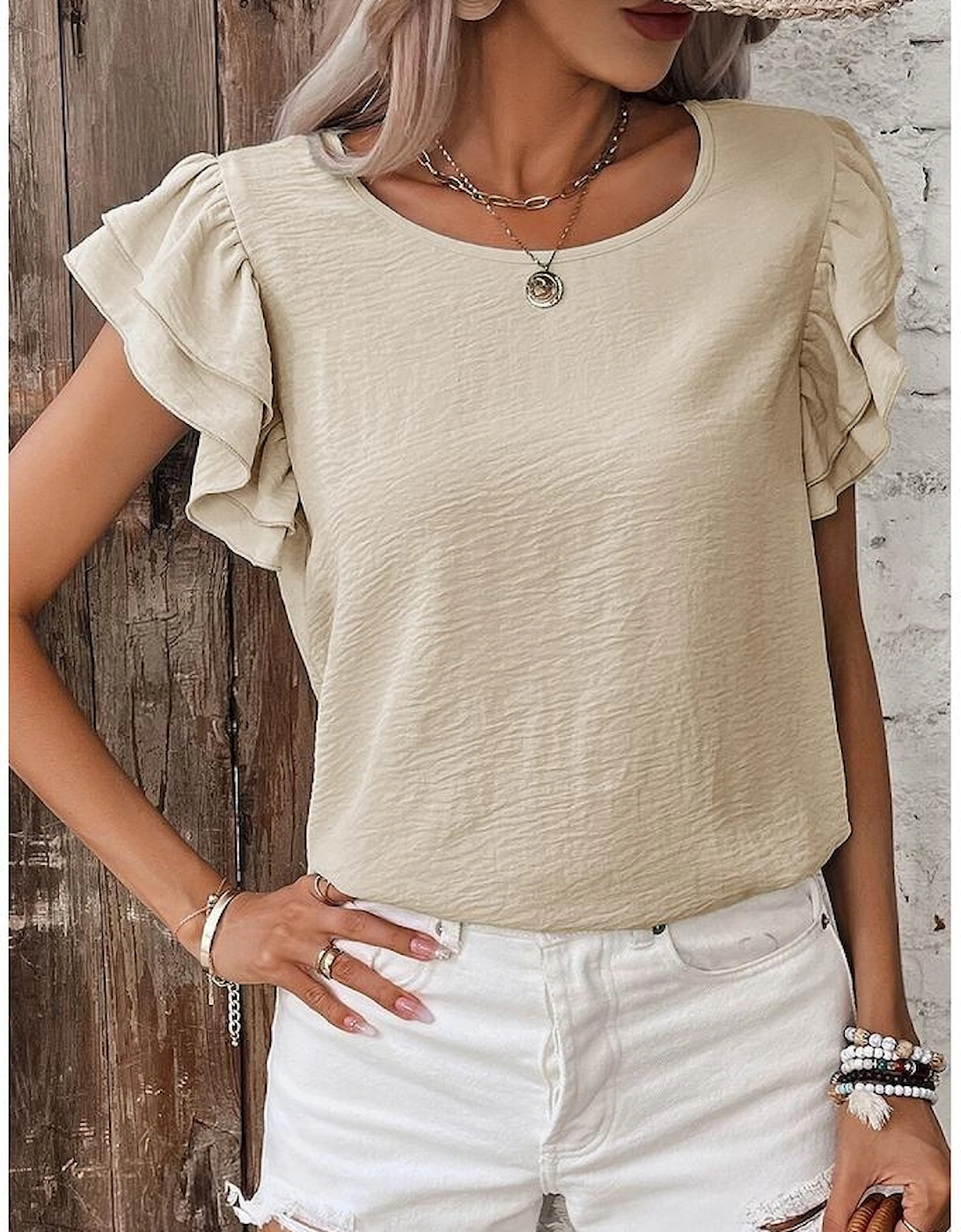 Beige Solid Color Ruffled Short Sleeve Casual Blouse