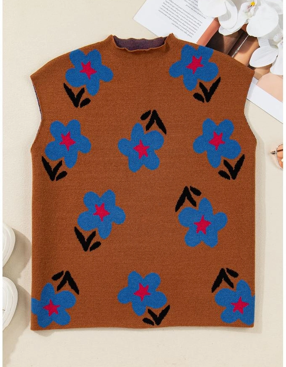 Chestnut Floral High Neck Sweater Vest