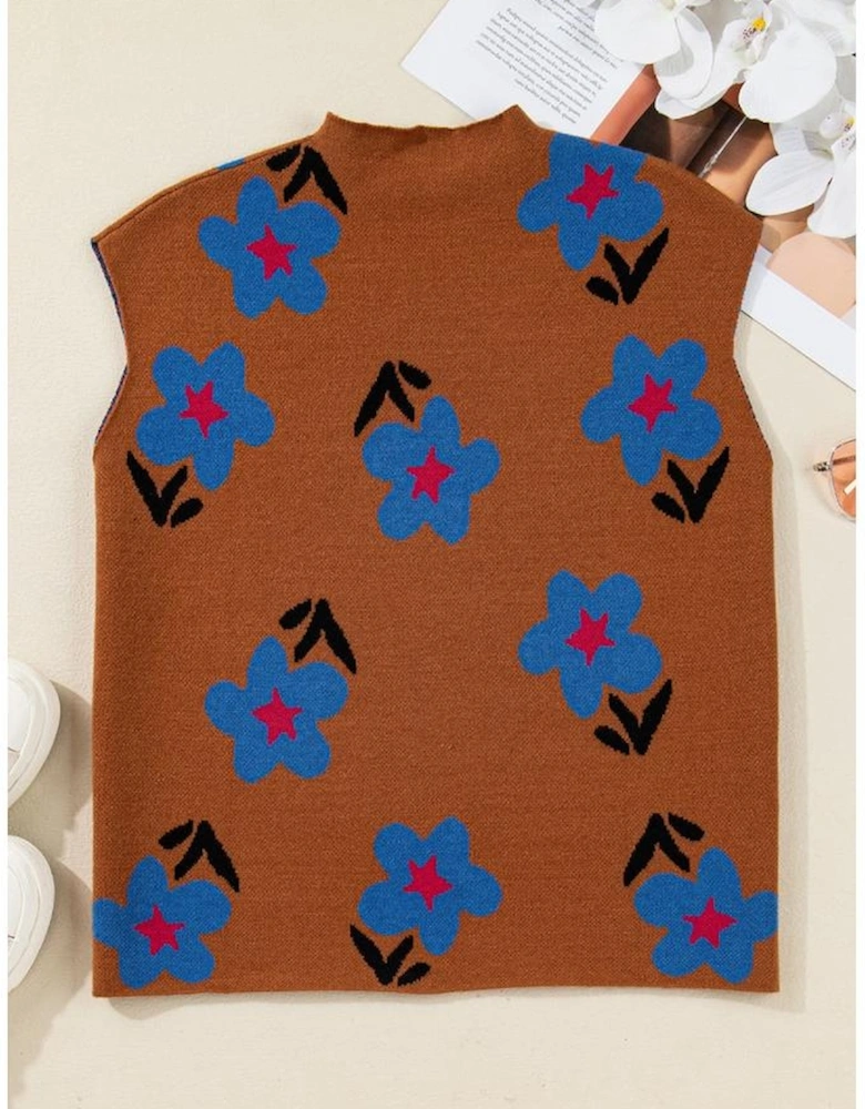 Chestnut Floral High Neck Sweater Vest