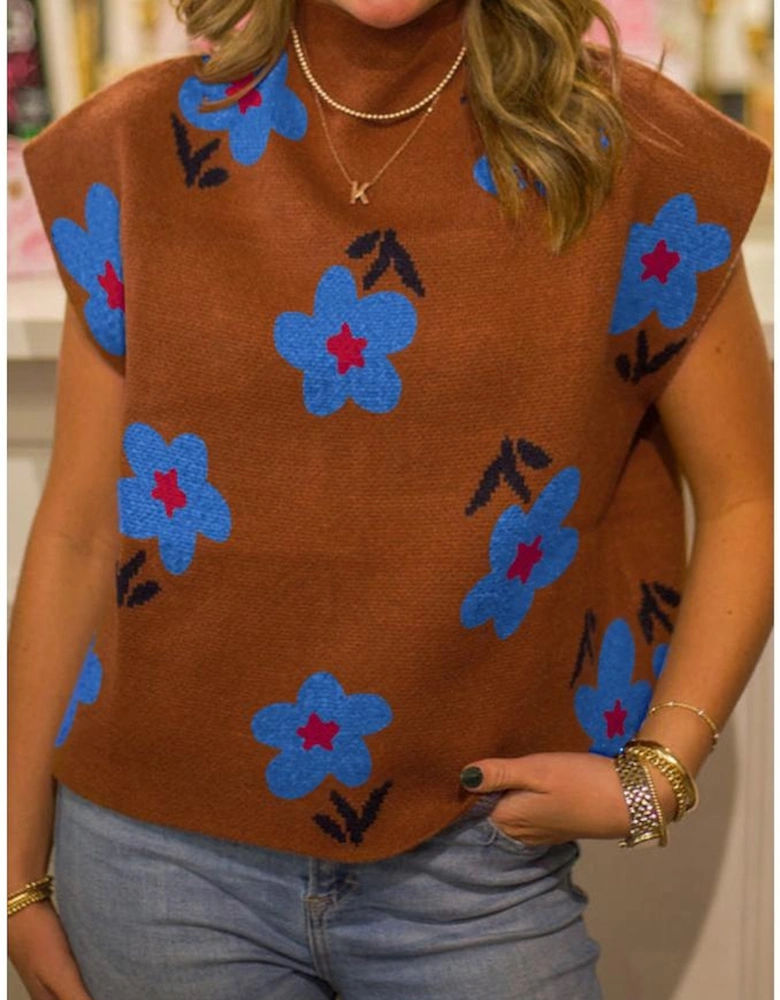 Chestnut Floral High Neck Sweater Vest