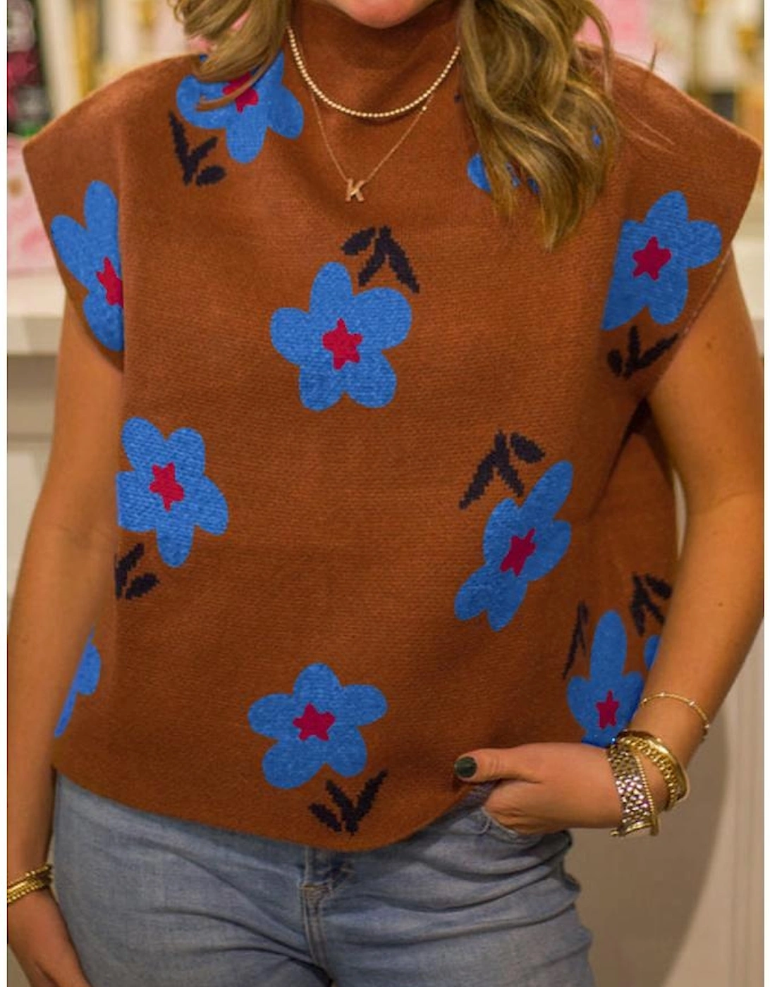 Chestnut Floral High Neck Sweater Vest