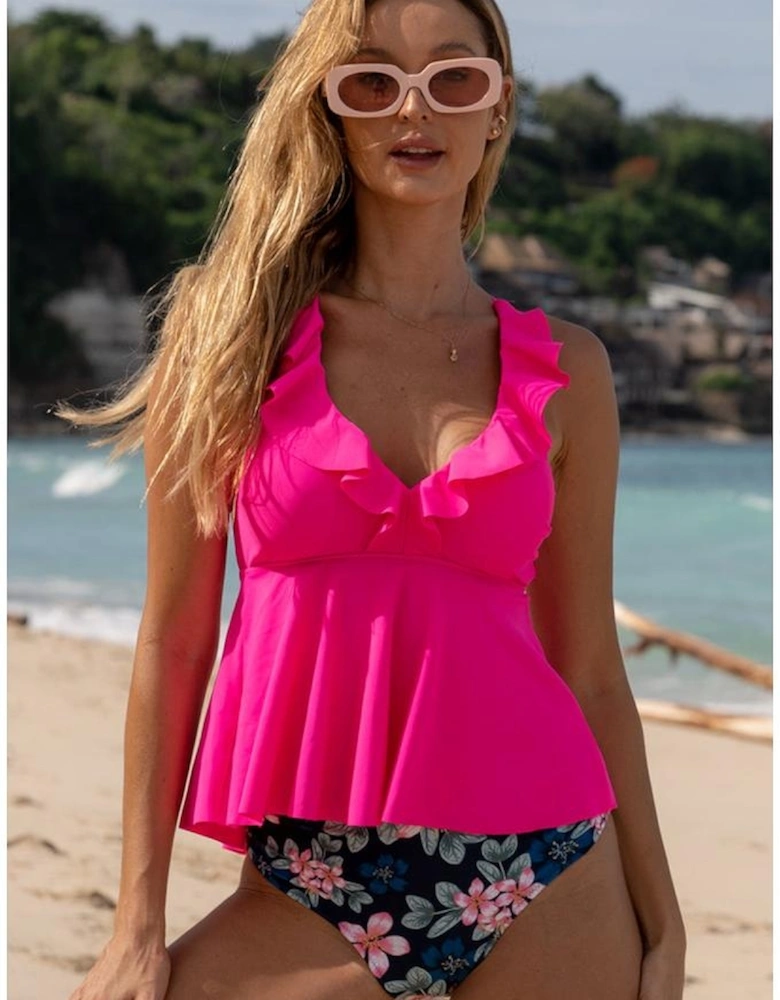 Blue Ruffle V Neck Peplum Floral Bottom Tankini Set