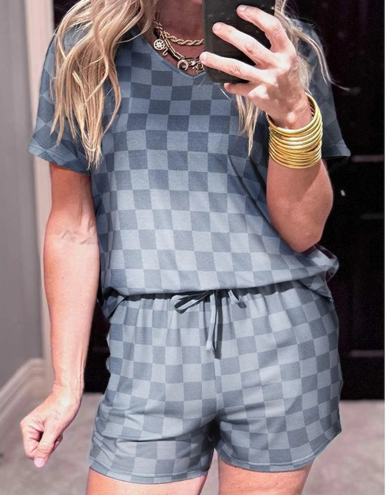 Gray Checkered V Neck Tee Drawstring Shorts Lounge Set