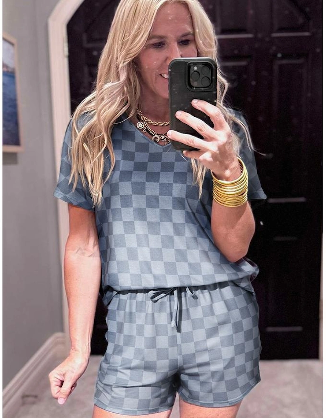 Gray Checkered V Neck Tee Drawstring Shorts Lounge Set, 3 of 2