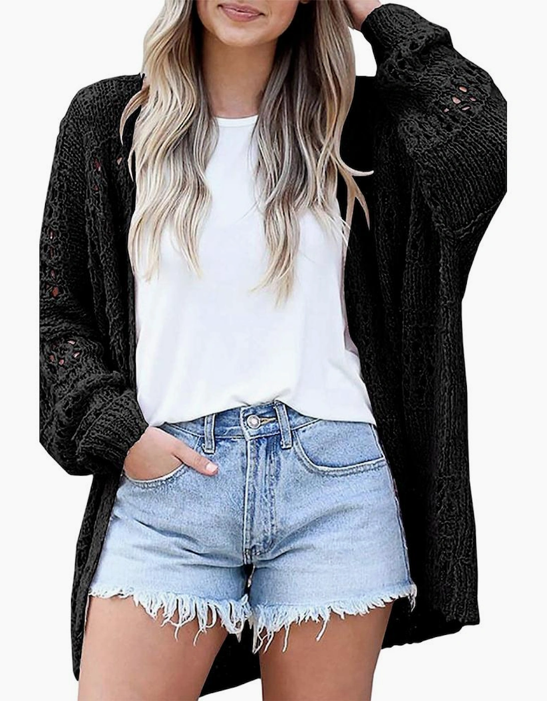 Black Casual Hollowed Knit Dolman Sleeve Cardigan, 11 of 10