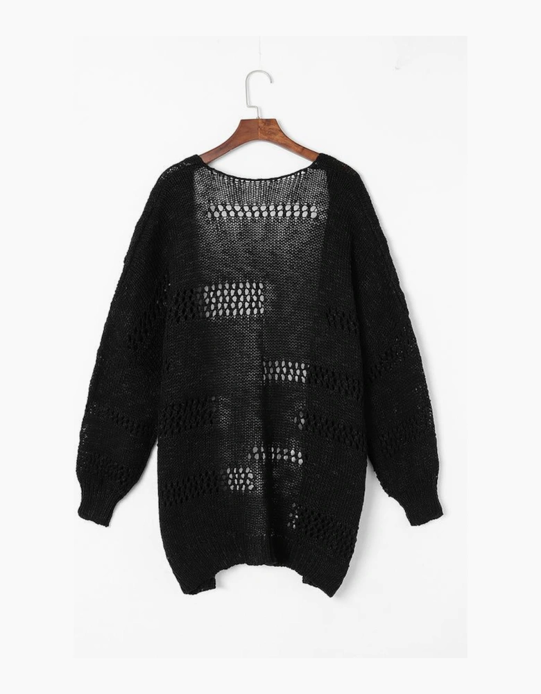 Black Casual Hollowed Knit Dolman Sleeve Cardigan