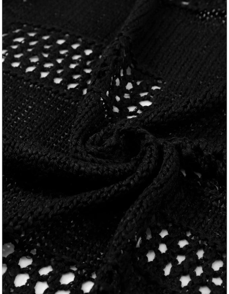 Black Casual Hollowed Knit Dolman Sleeve Cardigan